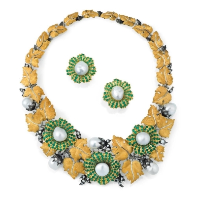 Demi-parure di perle coltivate, smeraldi e diamanti, 'Bouquet'