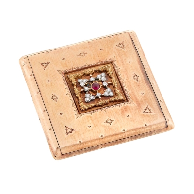 Buccellati - Compact in oro bicolore e rubino Cabochon con diamanti