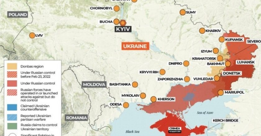 Mappa dell'Ucraina divisa tra zona russa e zona ucraina