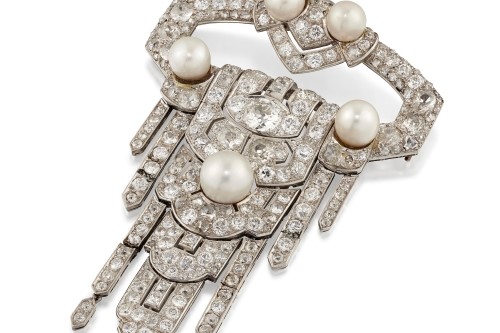 Ciondolo e catena a cascata art déco con diamanti e perle di Boucheron